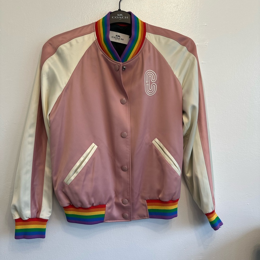 Coach Pink and White Varsity Jacket with Colorful Ribbed Accents